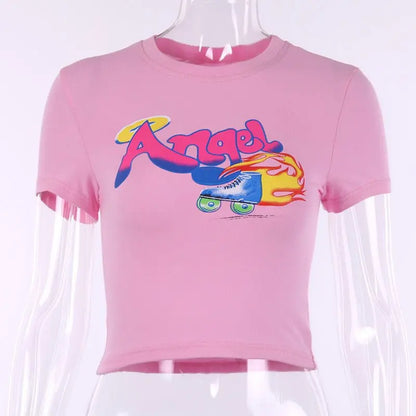 Front view of slim fit pink short sleeve crop top with round neck and colorful "Angel" roller skate print