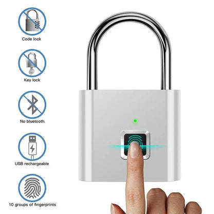 Silver Smart Fingerprint Padlock with biometric sensor, USB rechargeable battery, and no key or code required