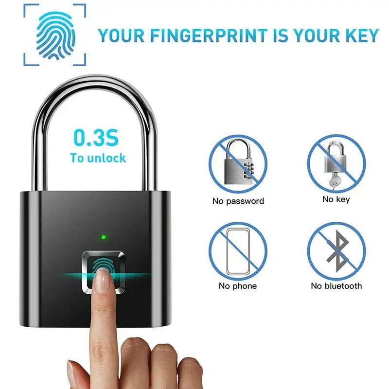 Front view of black Smart Fingerprint Padlock being unlocked by a finger in 0.3 seconds without keys or passwords