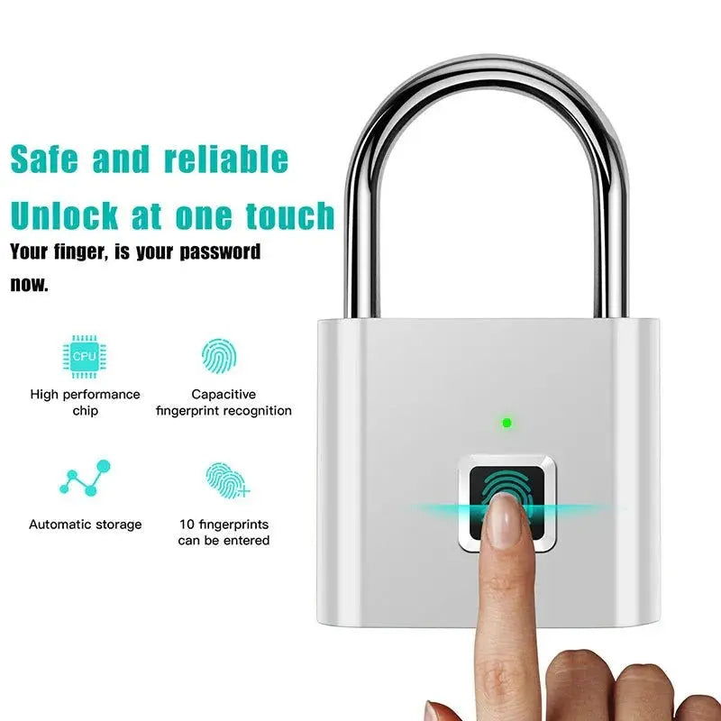 White Smart Fingerprint Padlock with metallic shackle being unlocked by a finger on biometric sensor