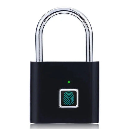 Front view of black Smart Fingerprint Padlock with silver shackle and illuminated fingerprint sensor on body