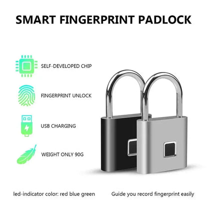 Two smart fingerprint padlocks in black and silver with USB charging and fingerprint unlock features displayed.