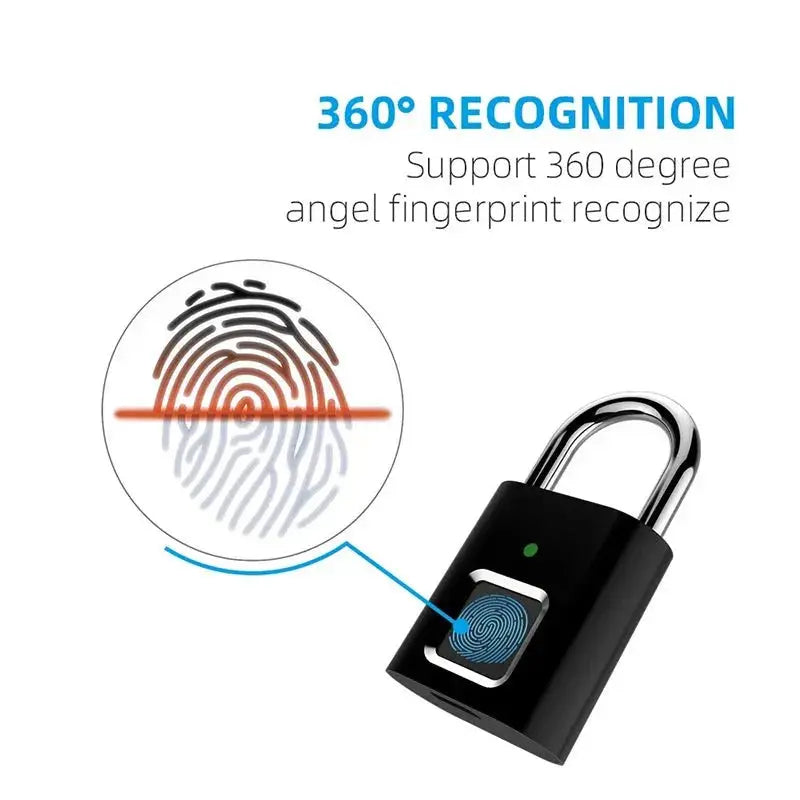 Black smart fingerprint padlock with 360-degree biometric scanner and fingerprint recognition illustration above lock