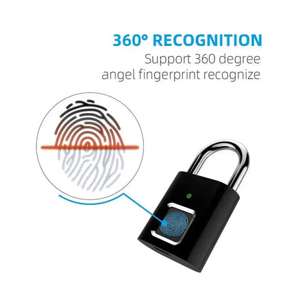 Black smart fingerprint padlock with 360-degree biometric scanner and fingerprint recognition illustration above lock