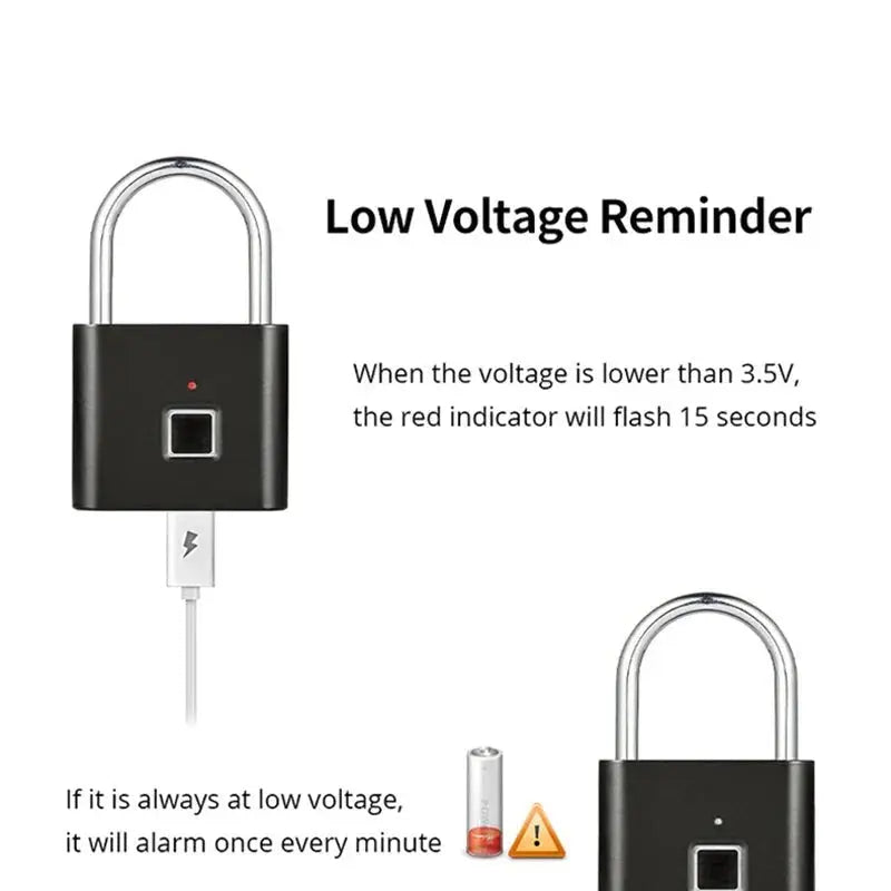 Black smart fingerprint padlock with red low voltage indicator flashing and USB charging cable attached