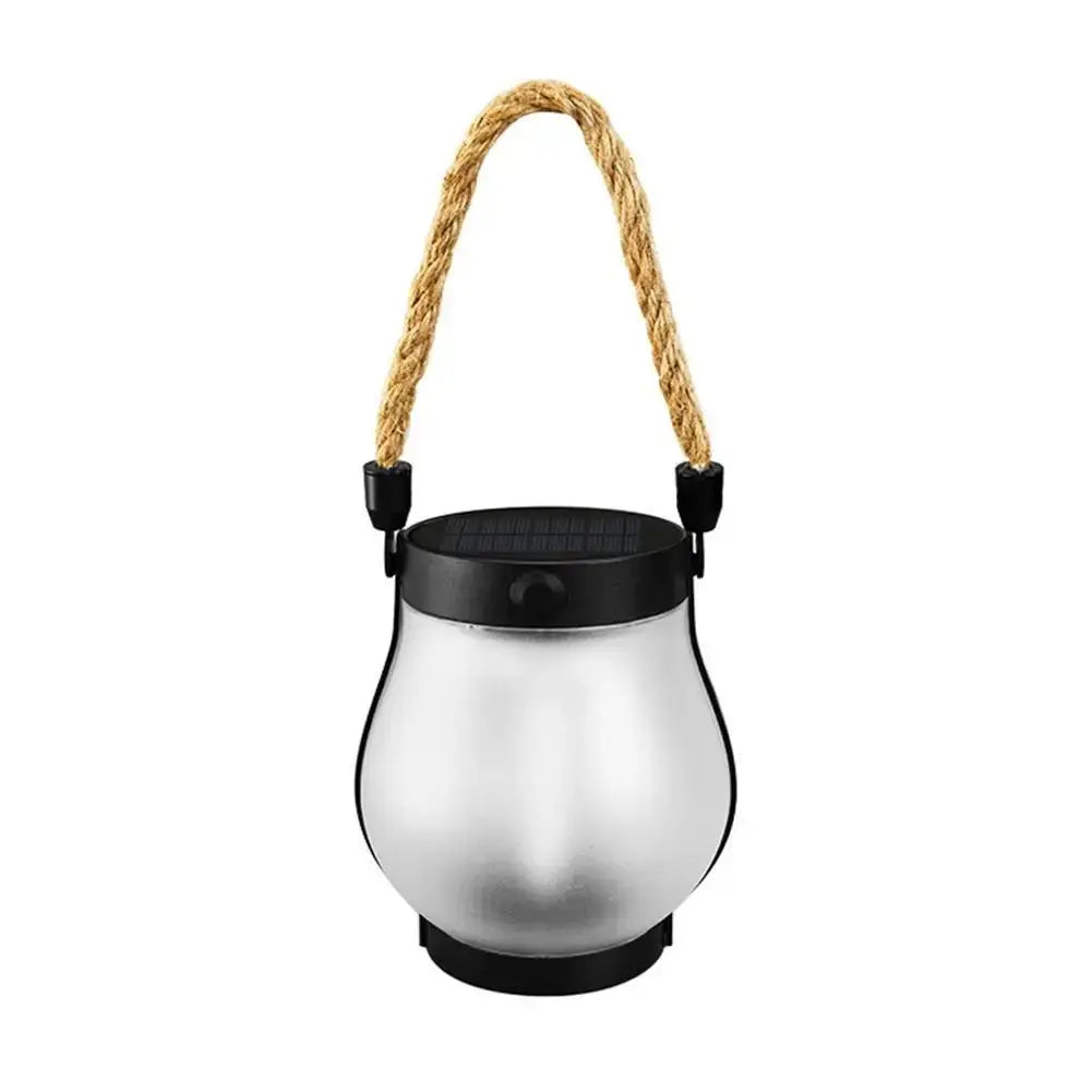 Solar Flame rechargeable outdoor hanging lantern with frosted body and hemp rope handle for garden and camping use