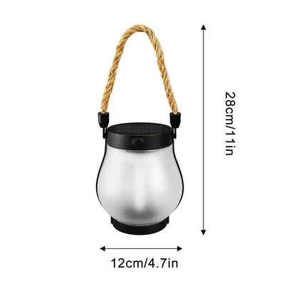 Solar Flame rechargeable hanging garden lantern with hemp rope handle and compact 28cm height size shown