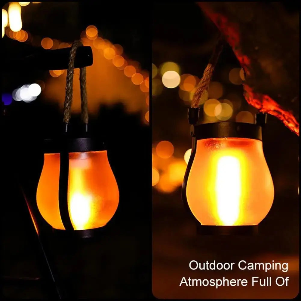 Solar Flame rechargeable hanging courtyard lamp with warm glowing light and hemp rope for outdoor camping decor