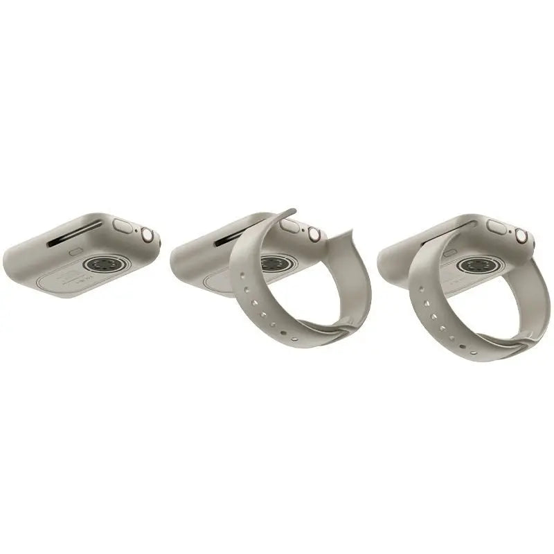 Three stages of beige portable wireless power bank charging case designed for Apple Watch shown from different angles