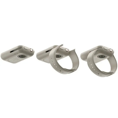 Three stages of beige portable wireless power bank charging case designed for Apple Watch shown from different angles