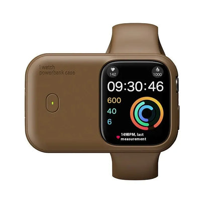 Brown portable wireless power bank case for Apple Watch displaying fitness and time on screen