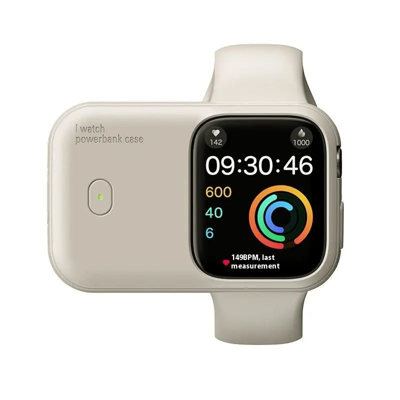 Beige portable wireless power bank case attached to smartwatch with fitness tracking display on screen