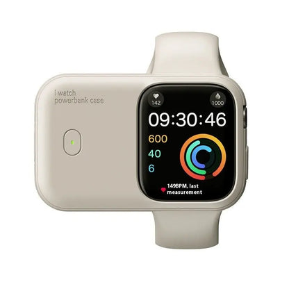 Beige portable wireless power bank case attached to smartwatch with fitness tracking display on screen