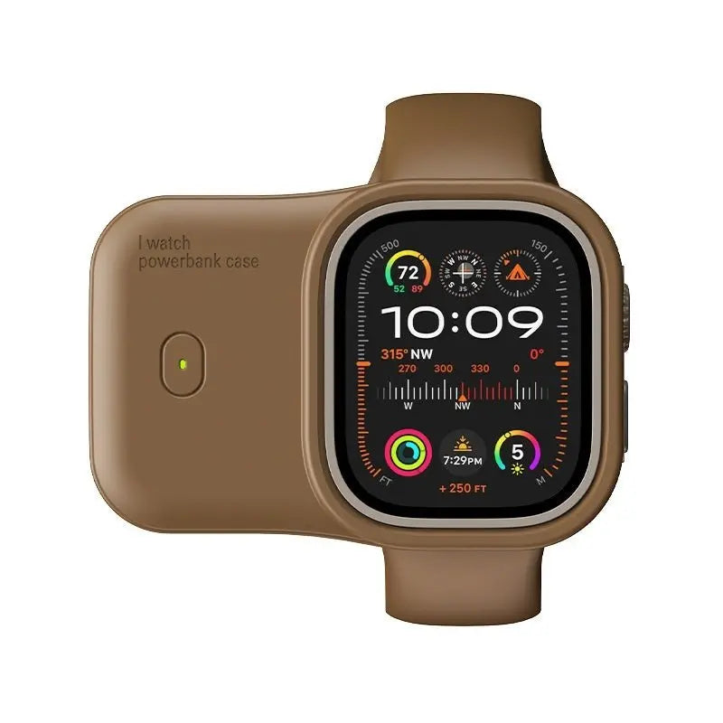 Brown portable wireless power bank case attached to Apple Watch with digital display and fitness tracking icons