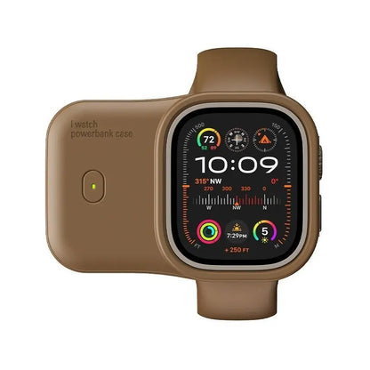 Brown portable wireless power bank case attached to Apple Watch with digital display and fitness tracking icons