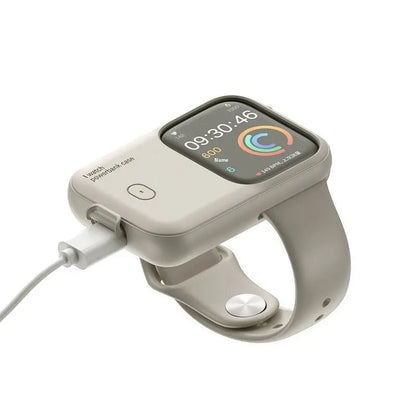 Compact beige portable wireless power bank case charging an Apple Watch with time and activity display