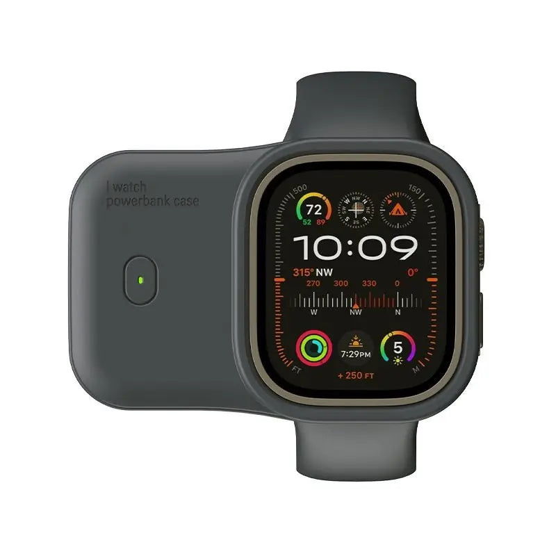 Compact dark grey portable wireless power bank case attached to Apple Watch with digital display on white background