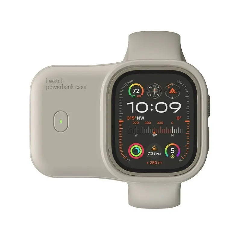 Compact beige portable wireless power bank case attached to a smartwatch displaying time and health metrics