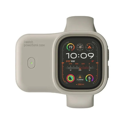 Compact beige portable wireless power bank case attached to a smartwatch displaying time and health metrics