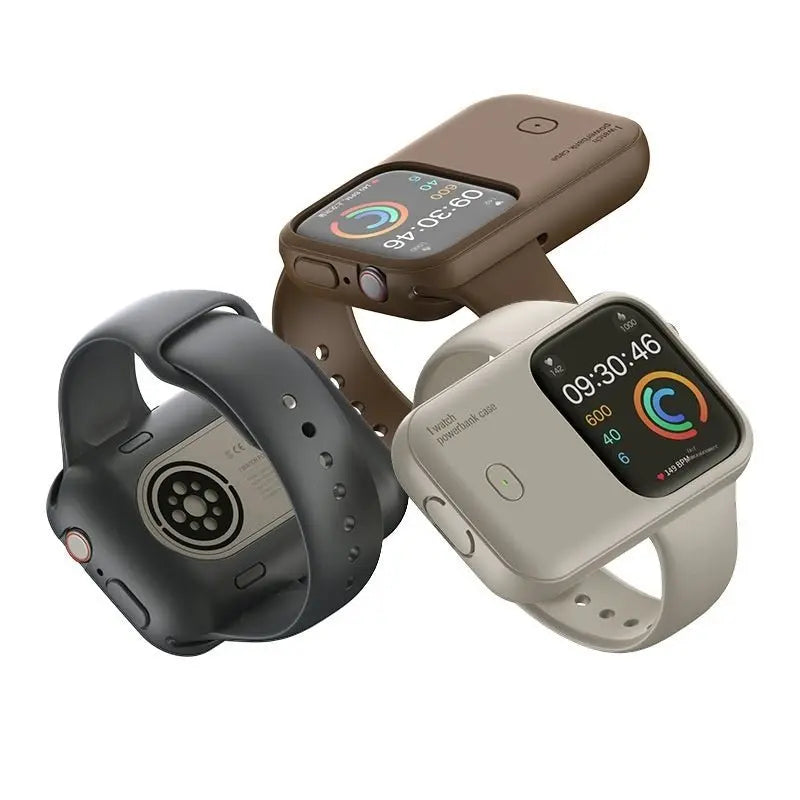 Three smartwatches with portable wireless power bank cases in black, brown, and beige colors shown from multiple angles