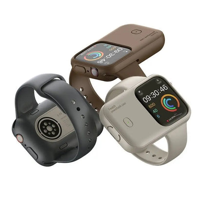 Three smartwatches with portable wireless power bank cases in black, brown, and beige colors shown from multiple angles