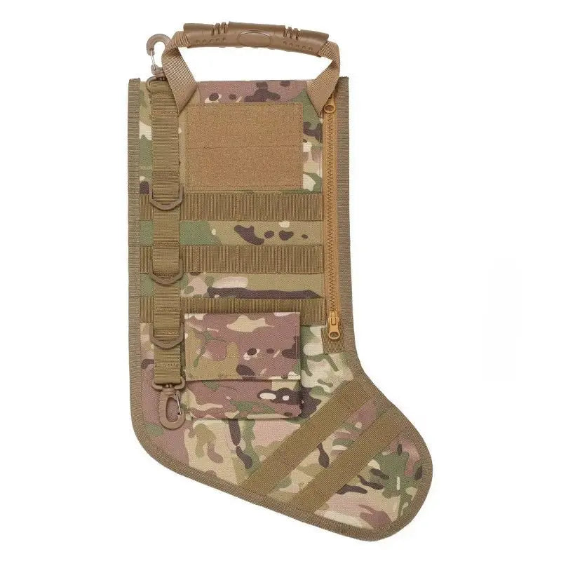 Camouflage tactical MOLLE Christmas stocking with multiple pouches, zipper, and sturdy handle for outdoor and hunting use