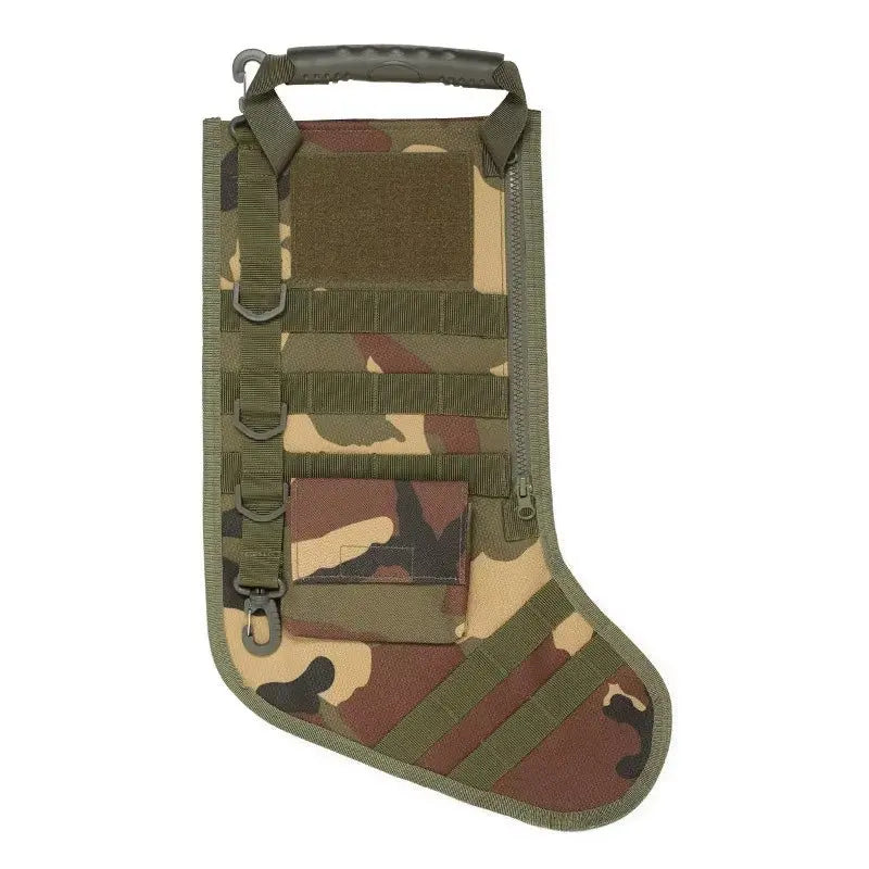 Camouflage tactical MOLLE Christmas stocking with multiple attachment loops and reinforced handle for outdoor use