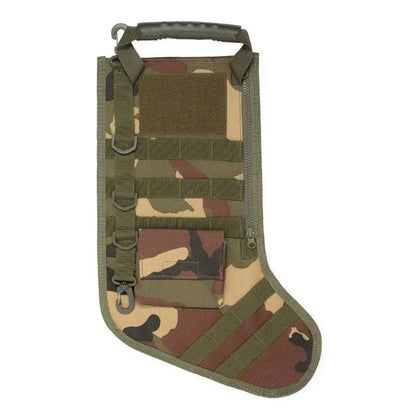 Camouflage tactical MOLLE Christmas stocking with multiple attachment loops and reinforced handle for outdoor use