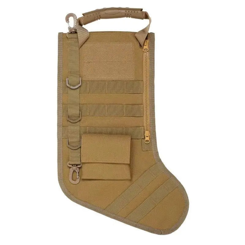 Tan tactical MOLLE Christmas stocking with zipper, multiple straps, pouch, and durable 1000D nylon construction