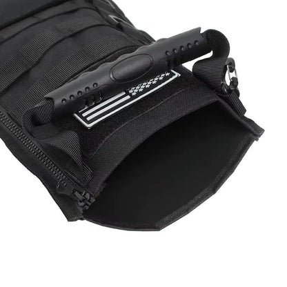 Close-up of black tactical molle Christmas stocking pouch with zipper, handle, and Velcro patch for outdoor or hunting use