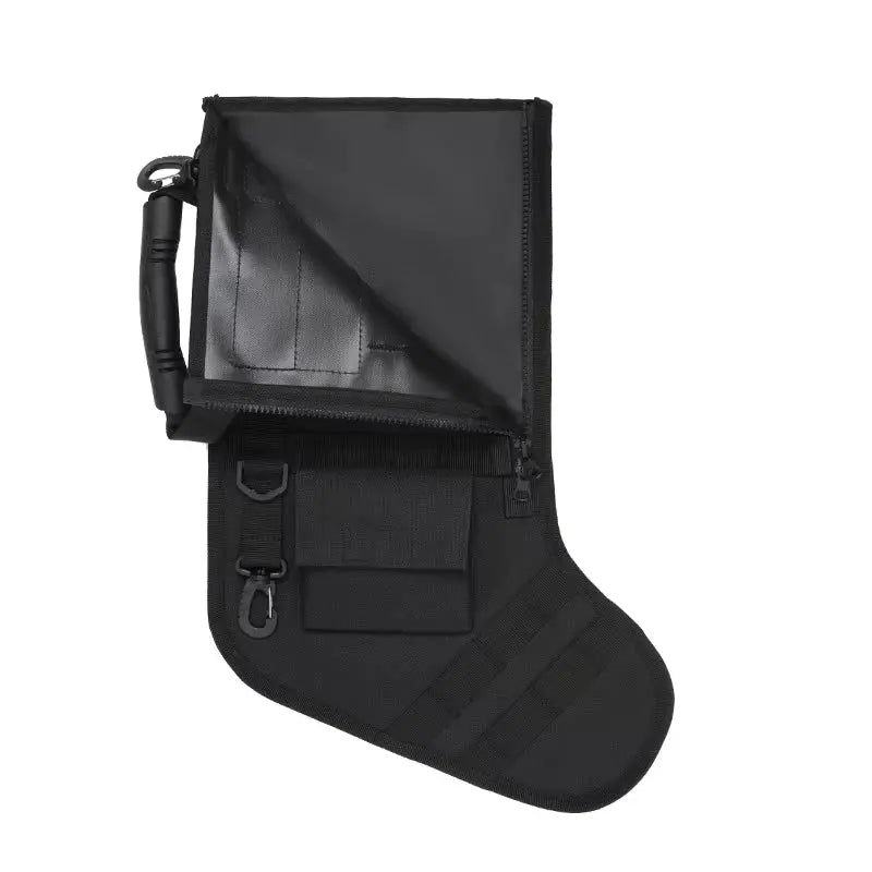 Black tactical molle Christmas stocking with zipper, clips, and multiple attachment loops for hunting and outdoor use