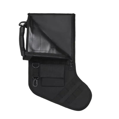 Black tactical molle Christmas stocking with zipper, clips, and multiple attachment loops for hunting and outdoor use