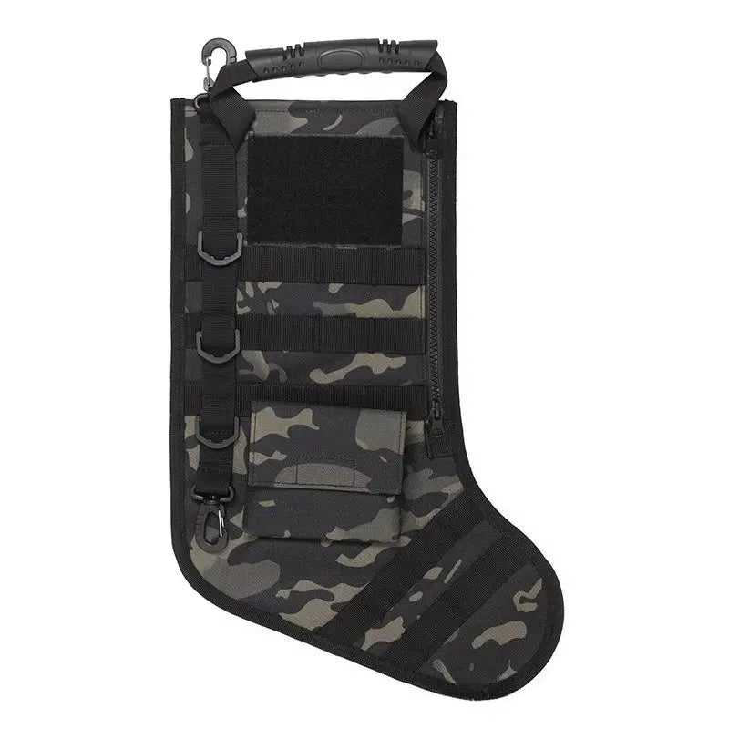 Black and grey camo tactical MOLLE Christmas stocking with zippered side and D-ring attachments