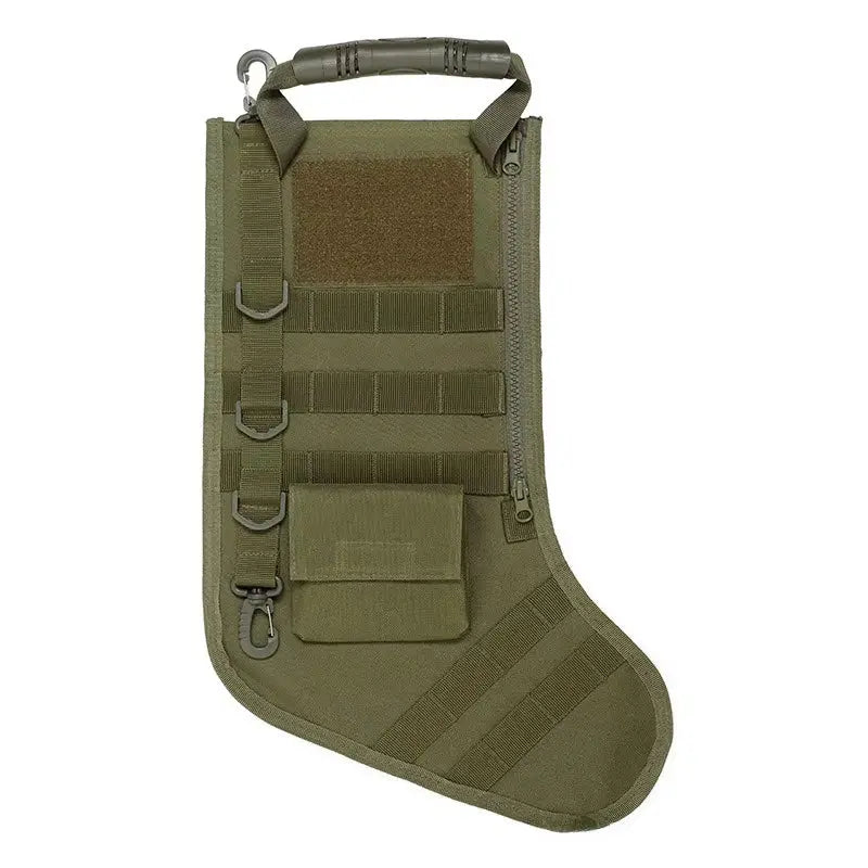 Green tactical MOLLE Christmas stocking with zipper, handle, and multiple attachment straps and pouches