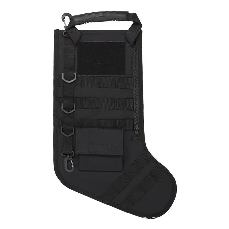 Black tactical MOLLE Christmas stocking with multiple straps, pouches, and padded handle for outdoor and hunting use