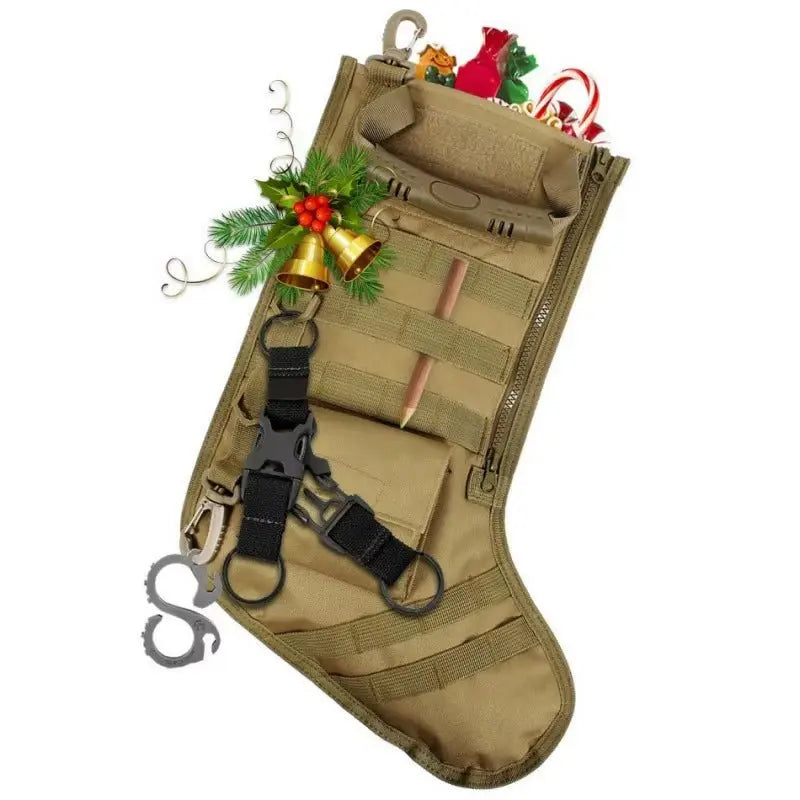 Khaki tactical molle Christmas stocking with gear loops, black straps, zipper pocket, and holiday decorations inside