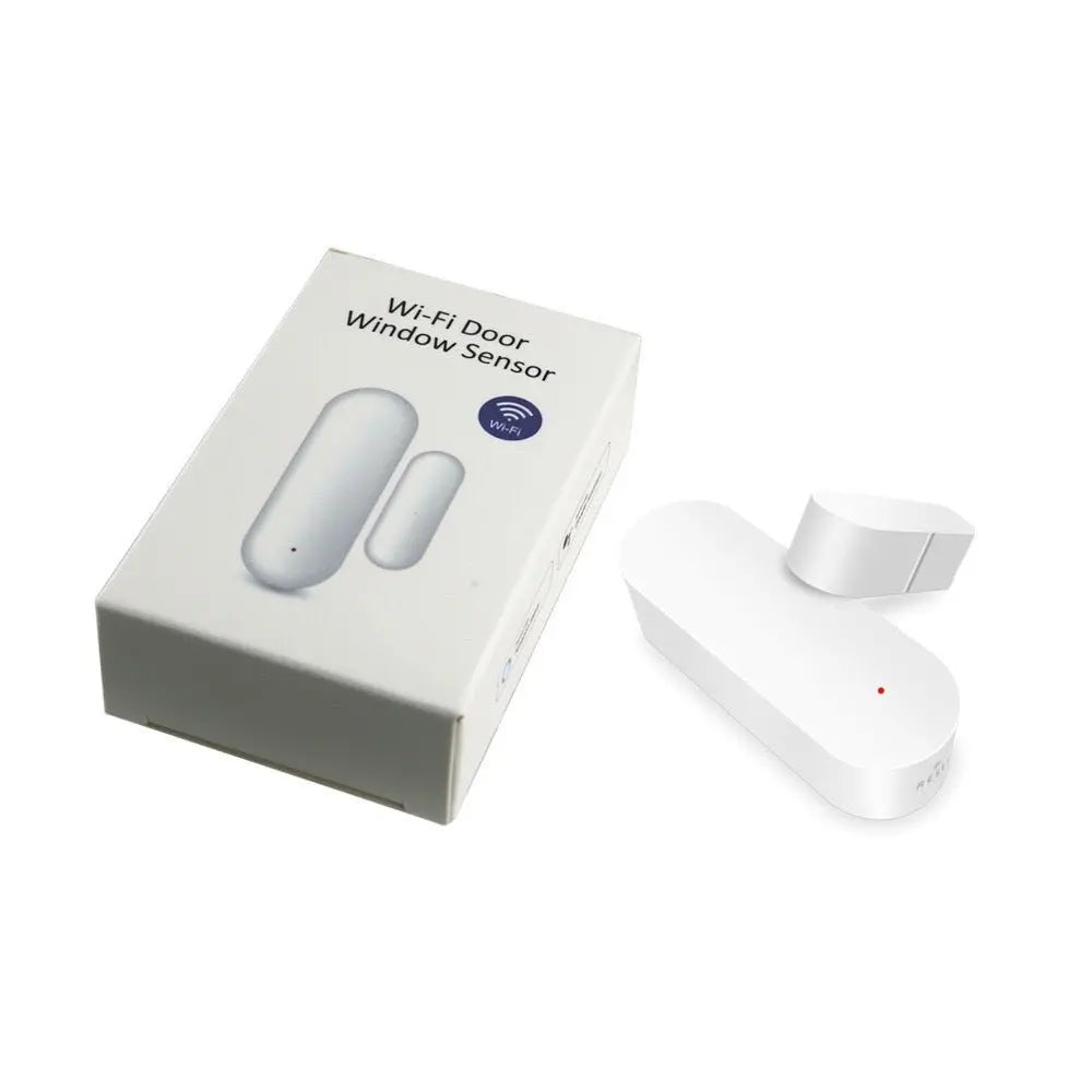 Tuya Smart WiFi Door Sensor with white rectangular design and compact wireless window monitoring device and packaging box