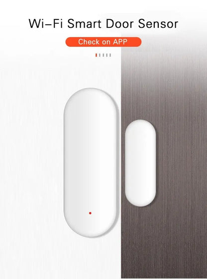 White Tuya Smart WiFi Door Sensor mounted on door and frame with app notification prompt above