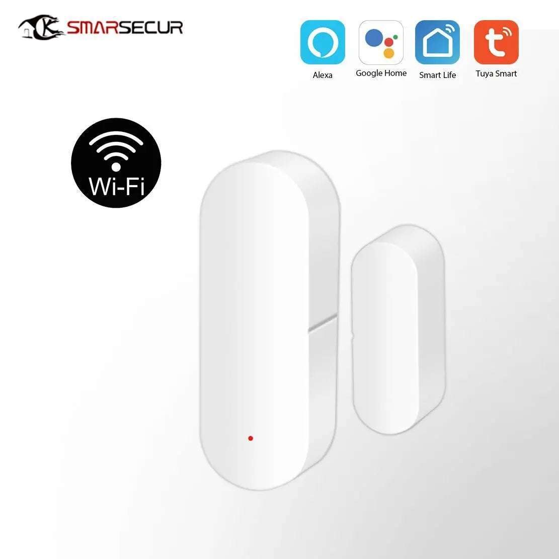 White Tuya Smart WiFi Door Sensor set with two components and smart home compatibility icons on white background