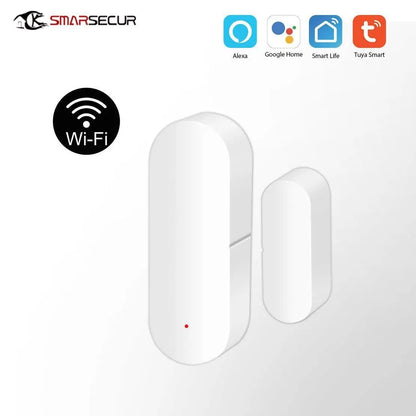 White Tuya Smart WiFi Door Sensor set with two components and smart home compatibility icons on white background