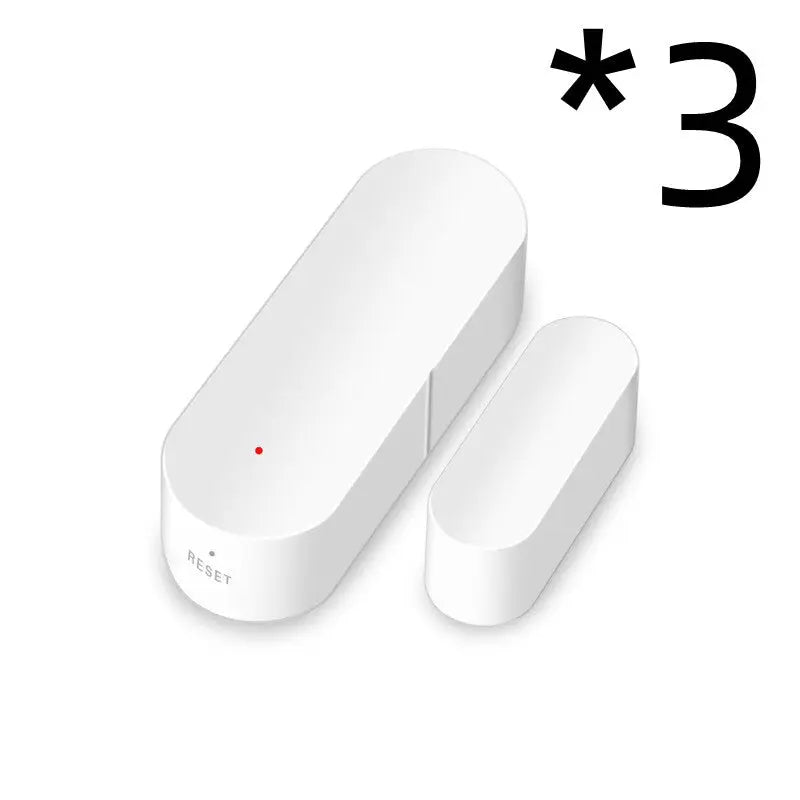 Set of three white Tuya Smart WiFi door sensors with compact rectangular design and reset button on larger unit