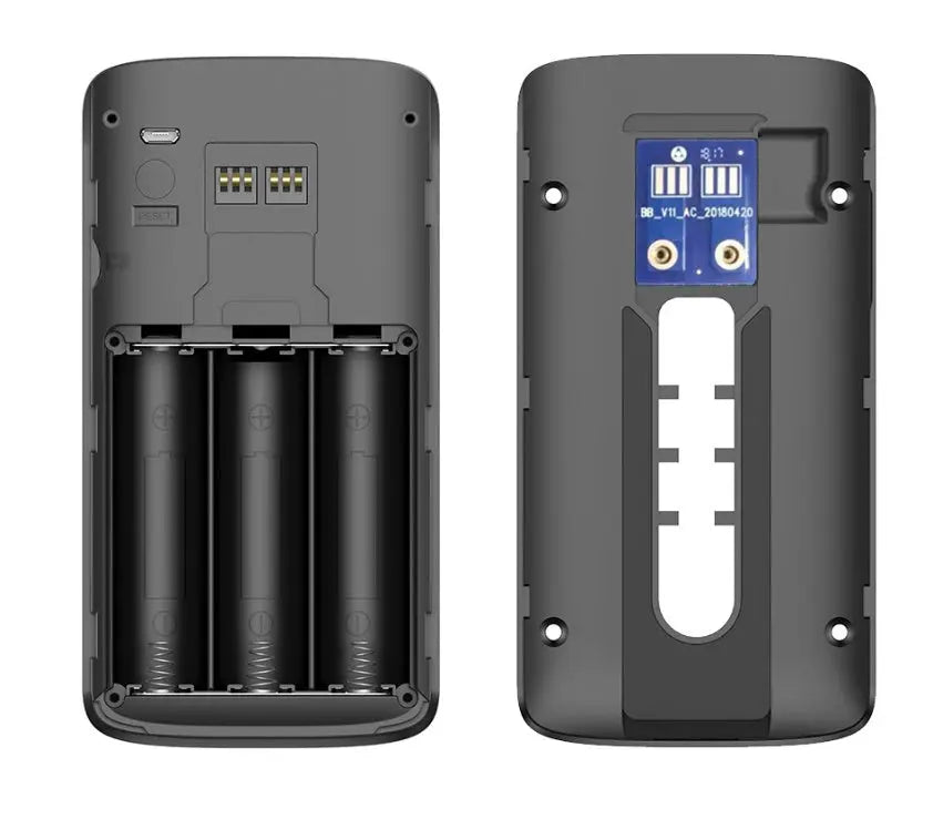 Rear view of Video Doorbell showing battery compartment with three 18650 batteries and internal wiring panel