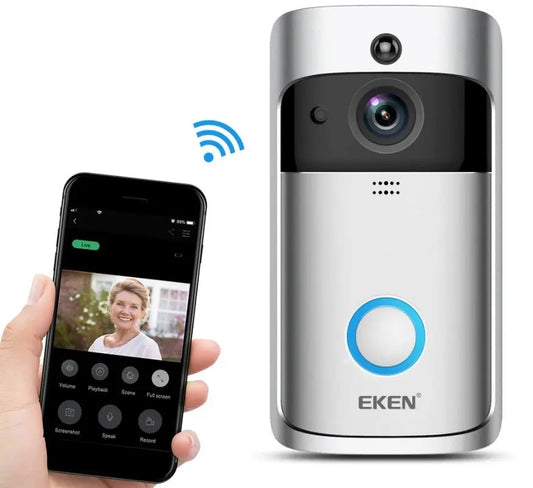 Silver EKEN video doorbell with blue ring light and smartphone showing live video feed on app interface