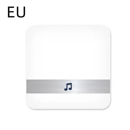 White square wireless video doorbell chime with silver stripe and musical note icon labeled for EU plug type