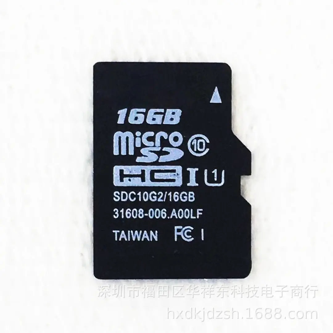 Black 16GB microSD memory card with white printed technical specifications and certification marks on front side