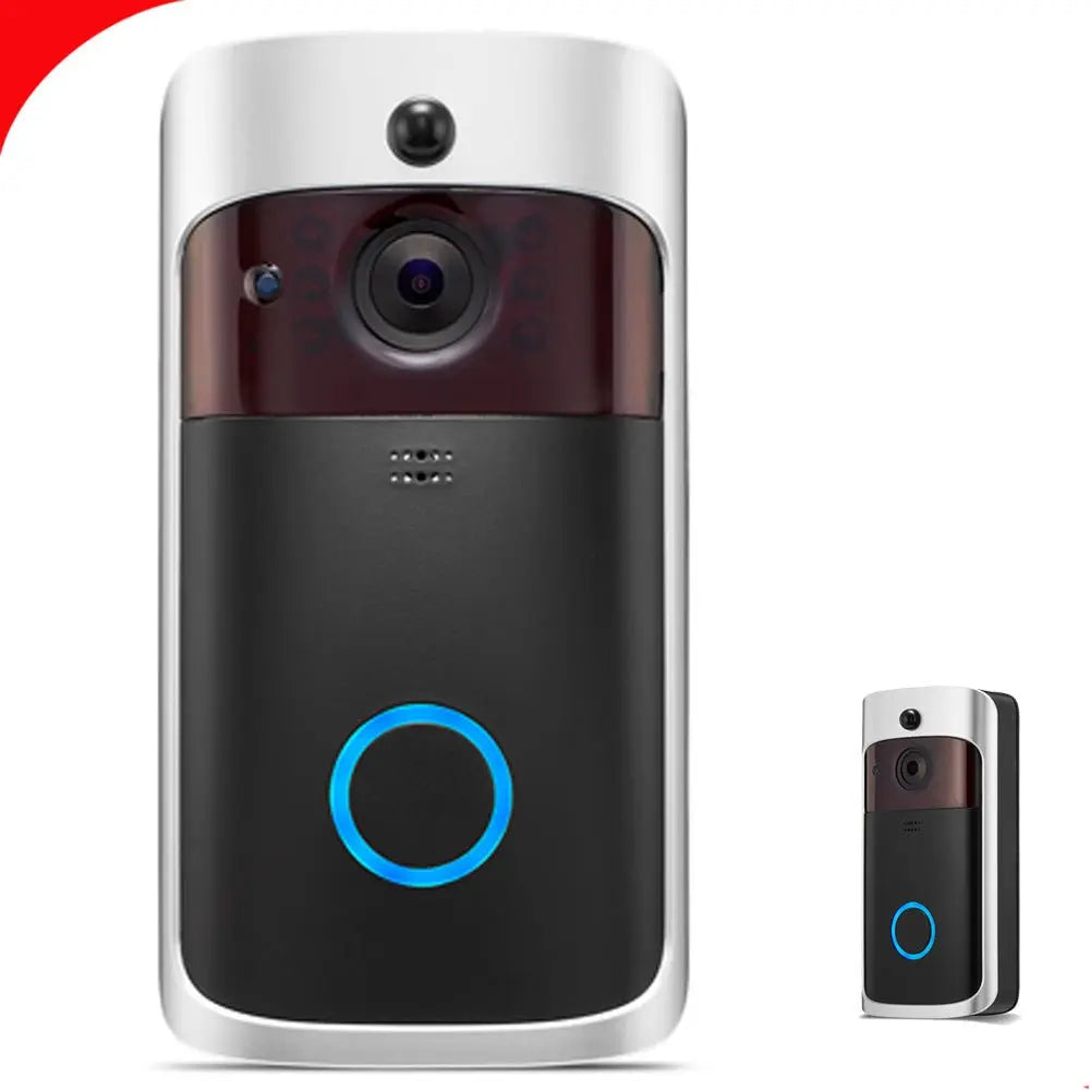 Front and side view of Video Doorbell Smart Wireless WiFi security device with motion sensor and illuminated button ring