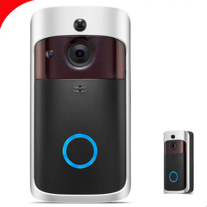 Front and side view of Video Doorbell Smart Wireless WiFi security device with motion sensor and illuminated button ring