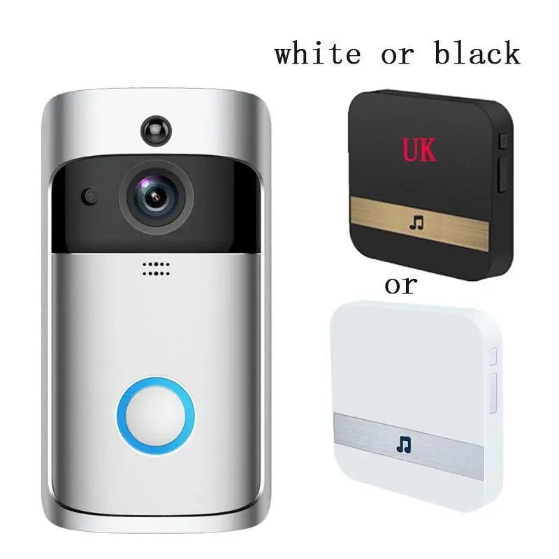 Smart wireless WiFi video doorbell with camera and two chime options in black or white color variants