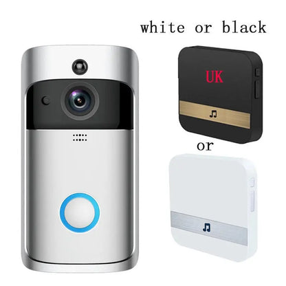 Smart wireless WiFi video doorbell with camera and two chime options in black or white color variants
