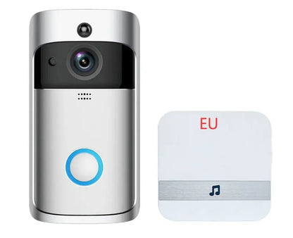 Front view of silver smart wireless video doorbell with camera and white EU chime button with music icon